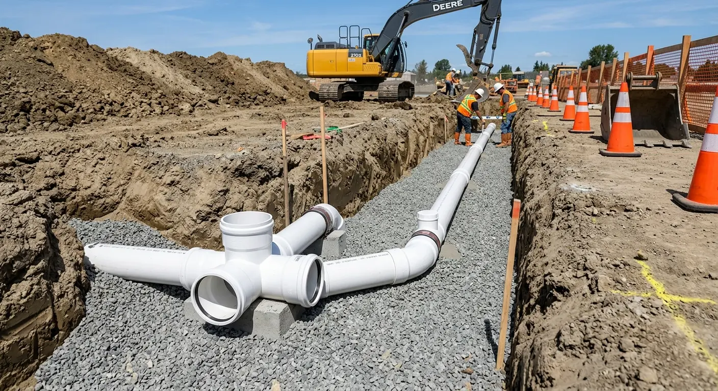 New PVC sewer pipe installation in open trench for Commercial Drain Cleaning in Lincolnwood