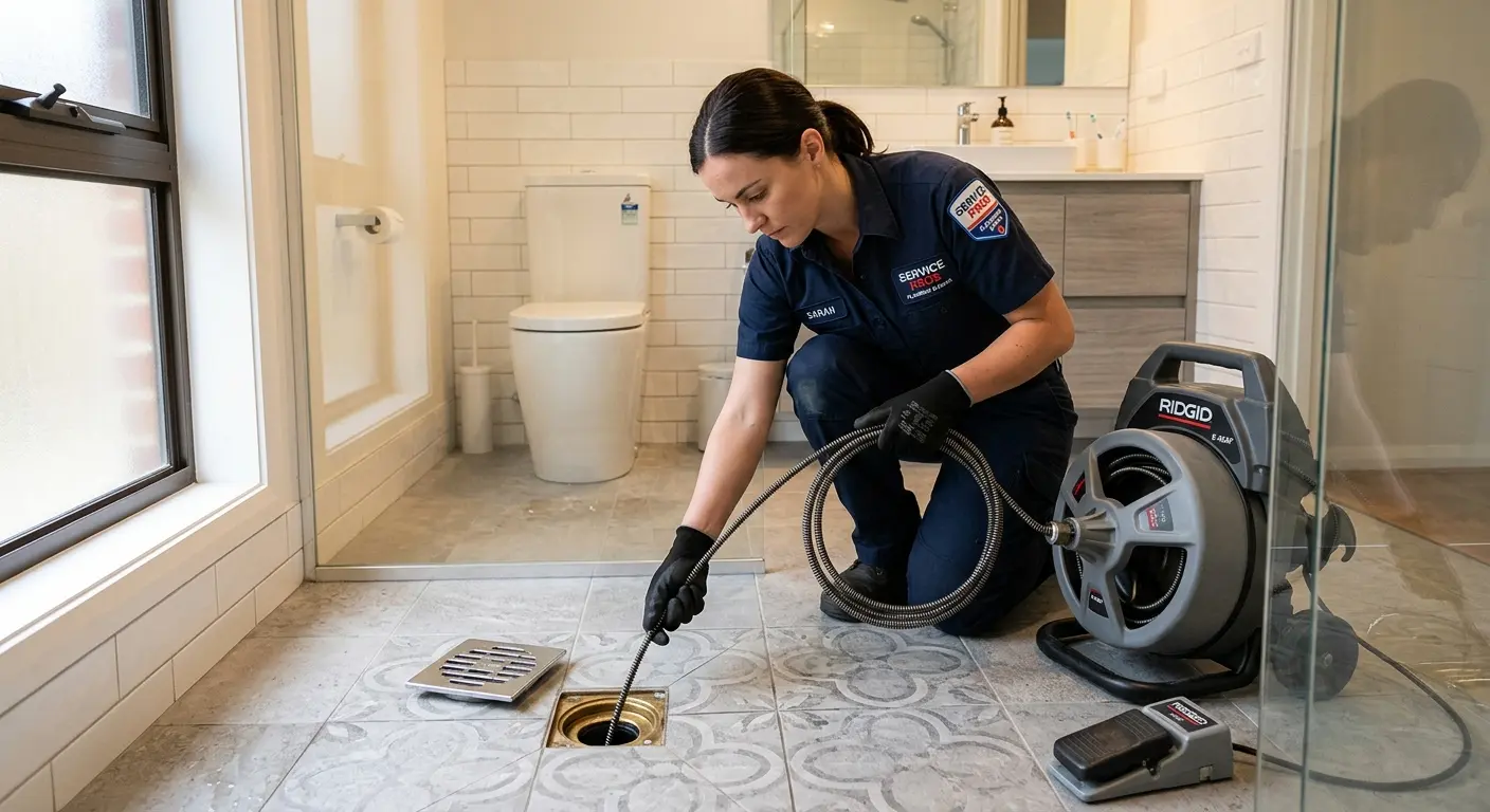 Technician clearing a bathroom floor drain for Clogged Drain Repair in Lincolnwood